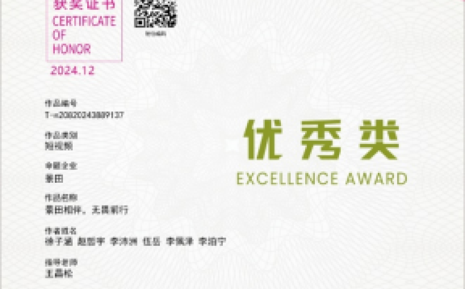 certificate of honor for Excellence Awards in the Academy Award of Advertising Festival for Chinese College Students in China 3
